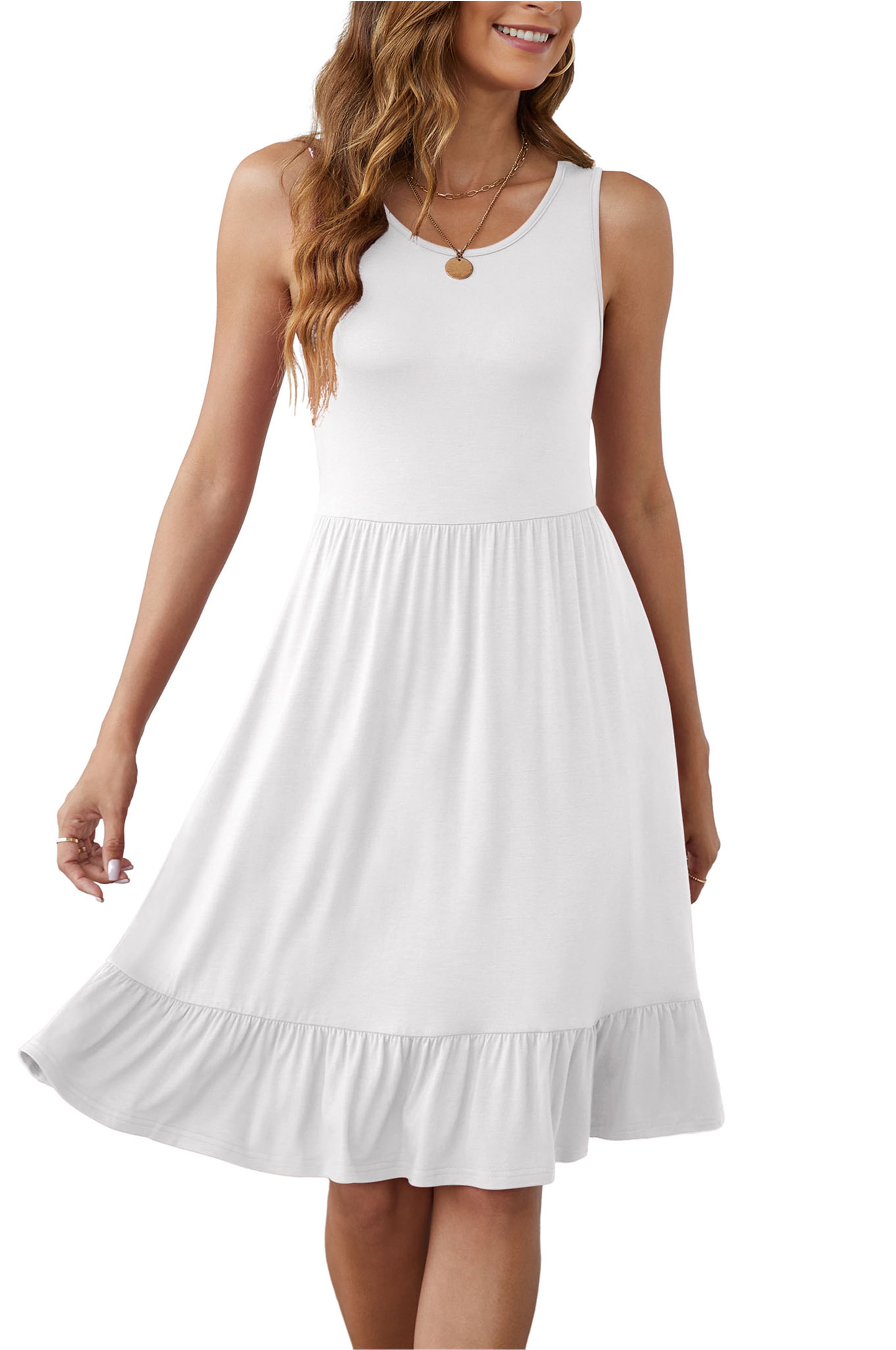 Asklazy Women's Round Neck Summer Sundresses Casual Pleated Ruffle Hem Knee Length Sleeveless Tank Dress with Pockets,US Size,M,White